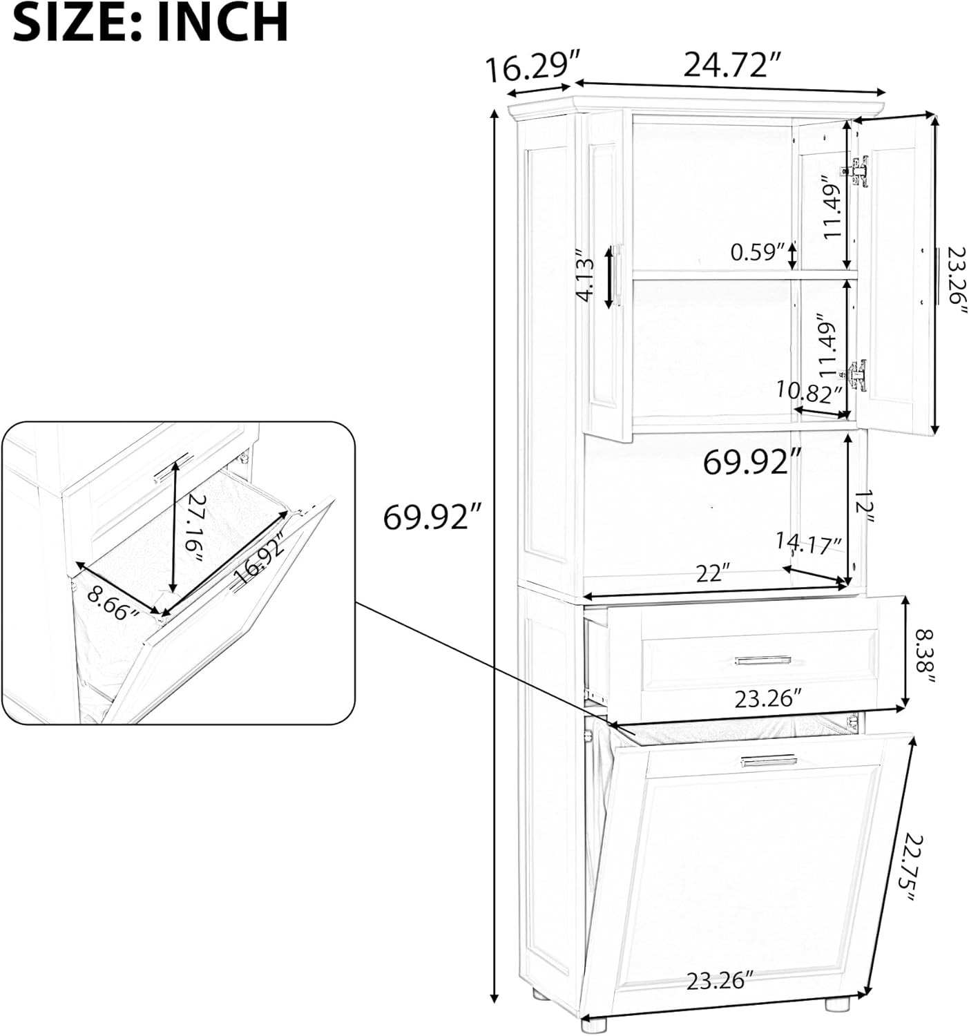 Tall Storage Cabinet, Bathroom Floor Freestanding Storage Cabinet with 2 Doors, One Drawer, and Tilt-Out Laundry Hamper for Bathroom, Office, Living Room, White