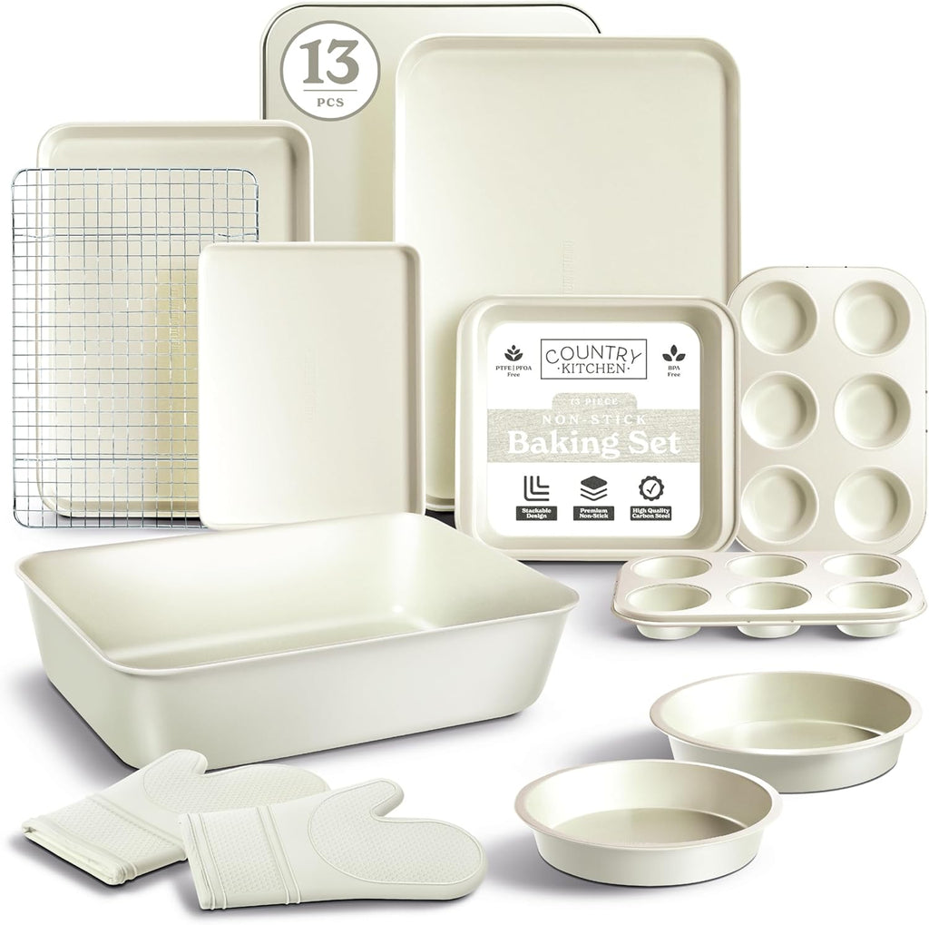 Country Kitchen Nonstick Stackable Bakeware Set - Deluxe Heavy Duty, Durable, Easy Release Baking Set, Cream, 13 Pcs