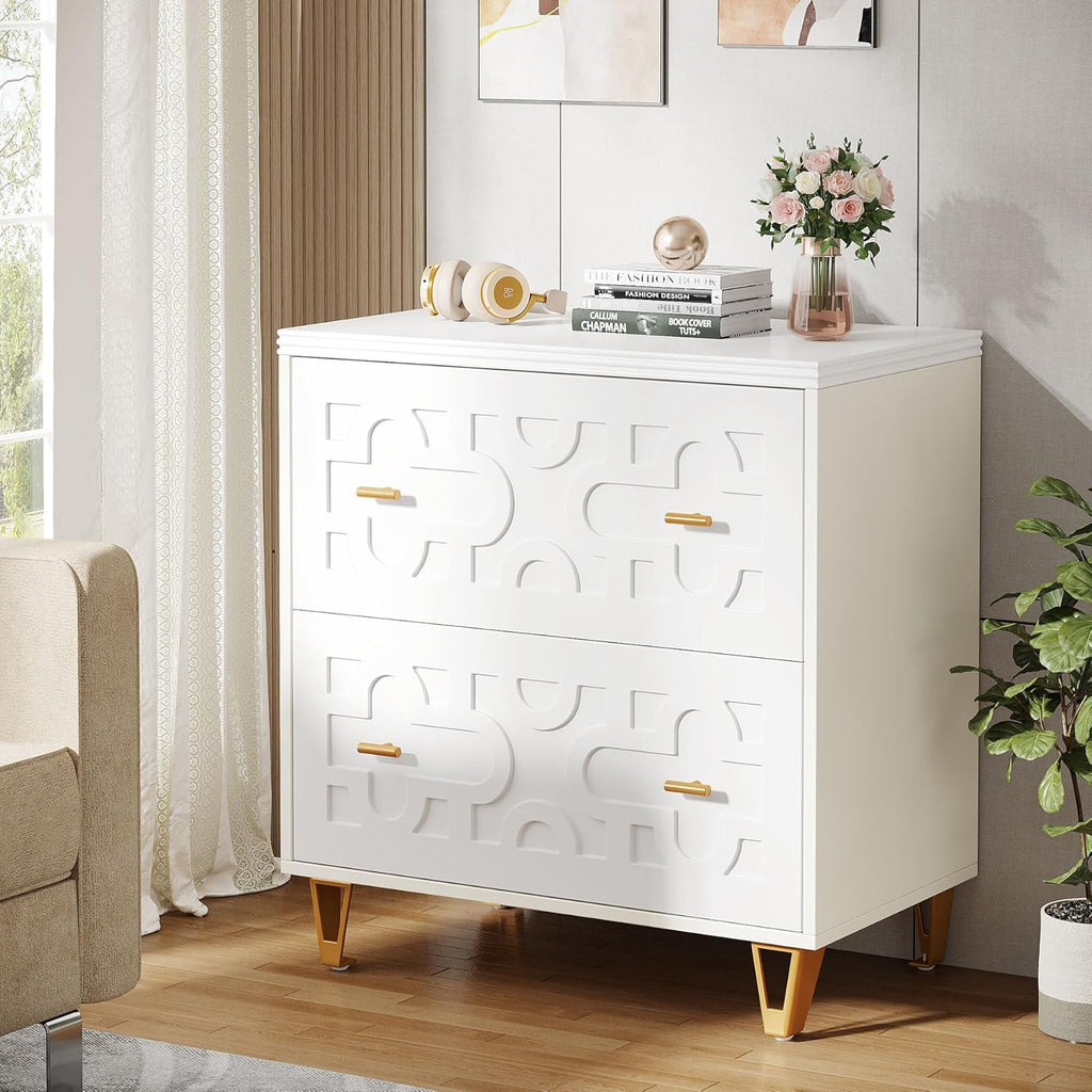 Tribesigns 2-Drawer Lateral File Cabinet, Modern White Filing Cabinet for Legal/Letter/A4 Size, Large Storage Filing Cabinet Printer Stand for Home Office, Warm White and Gold
