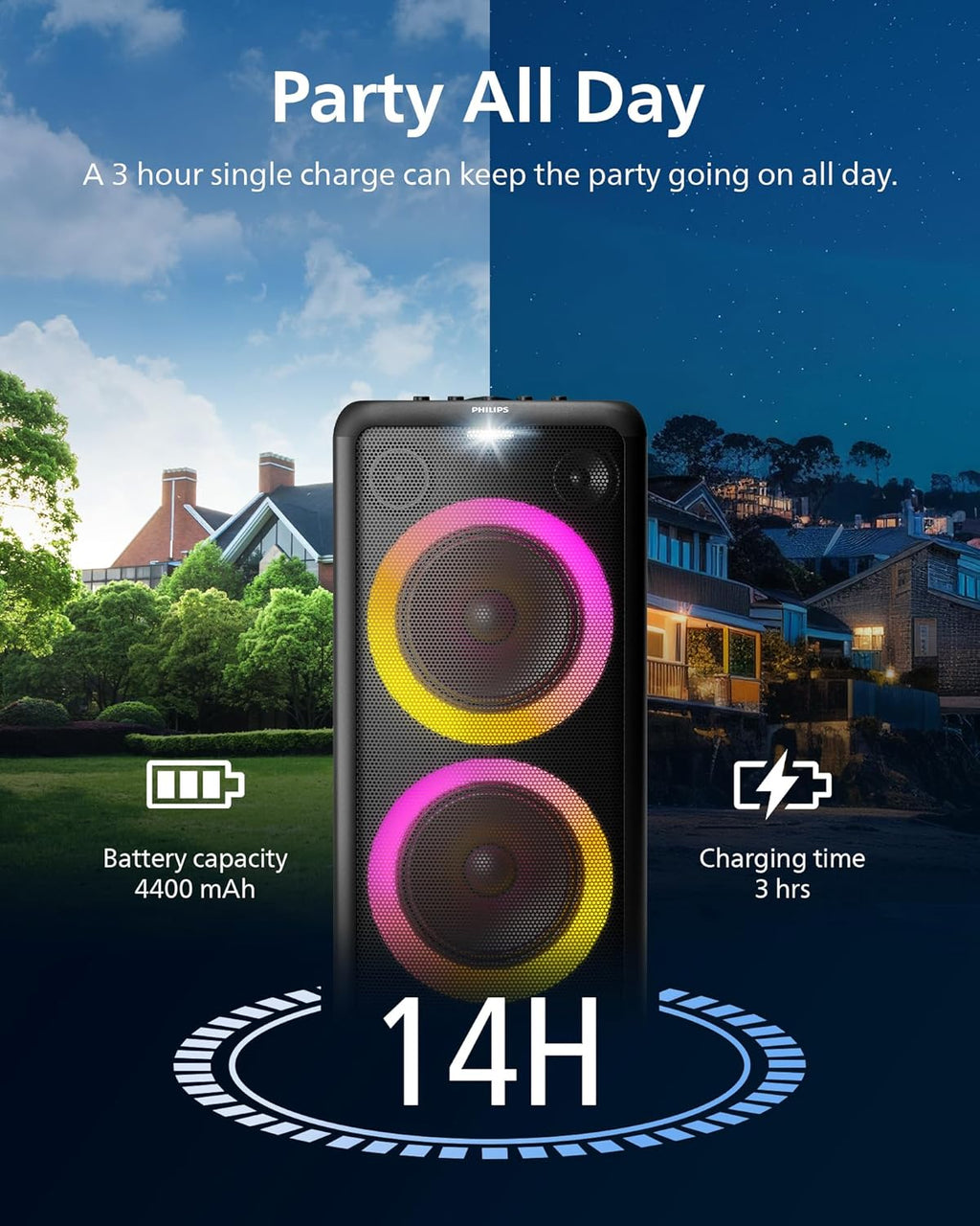 Philips X5206 Bluetooth Party Speaker - 14 Hours Play Time, Deep Bass, Party Lights, Karaoke Effects, Mic & Guitar Input, 80W Max Power, Black
