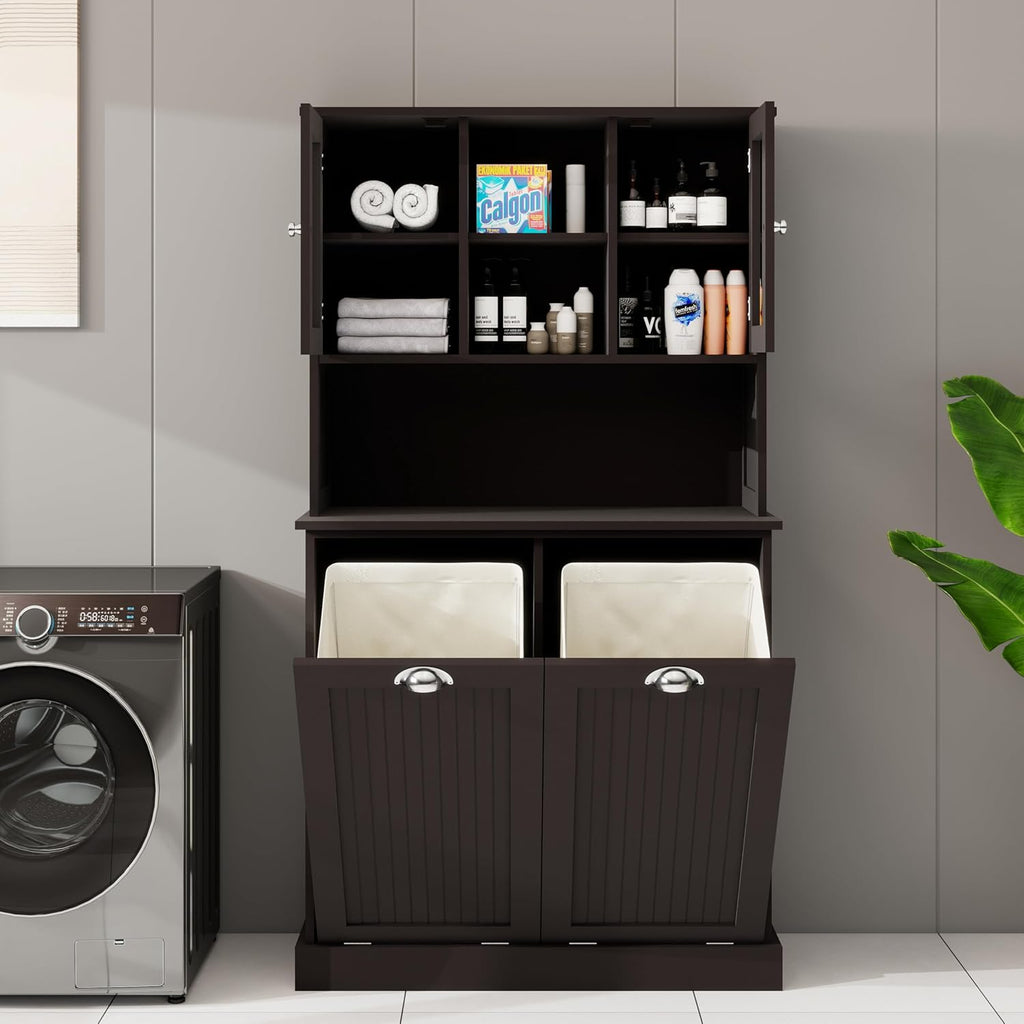 Laundry Hampers 2-Compartment Tilt-Out Laundry Basket Cabinet – Tall Bathroom & Laundry Storage w/ 2 Adjustable Shelves, Space-Saving Durable MDF Organizer for Home, Apartment (Black)