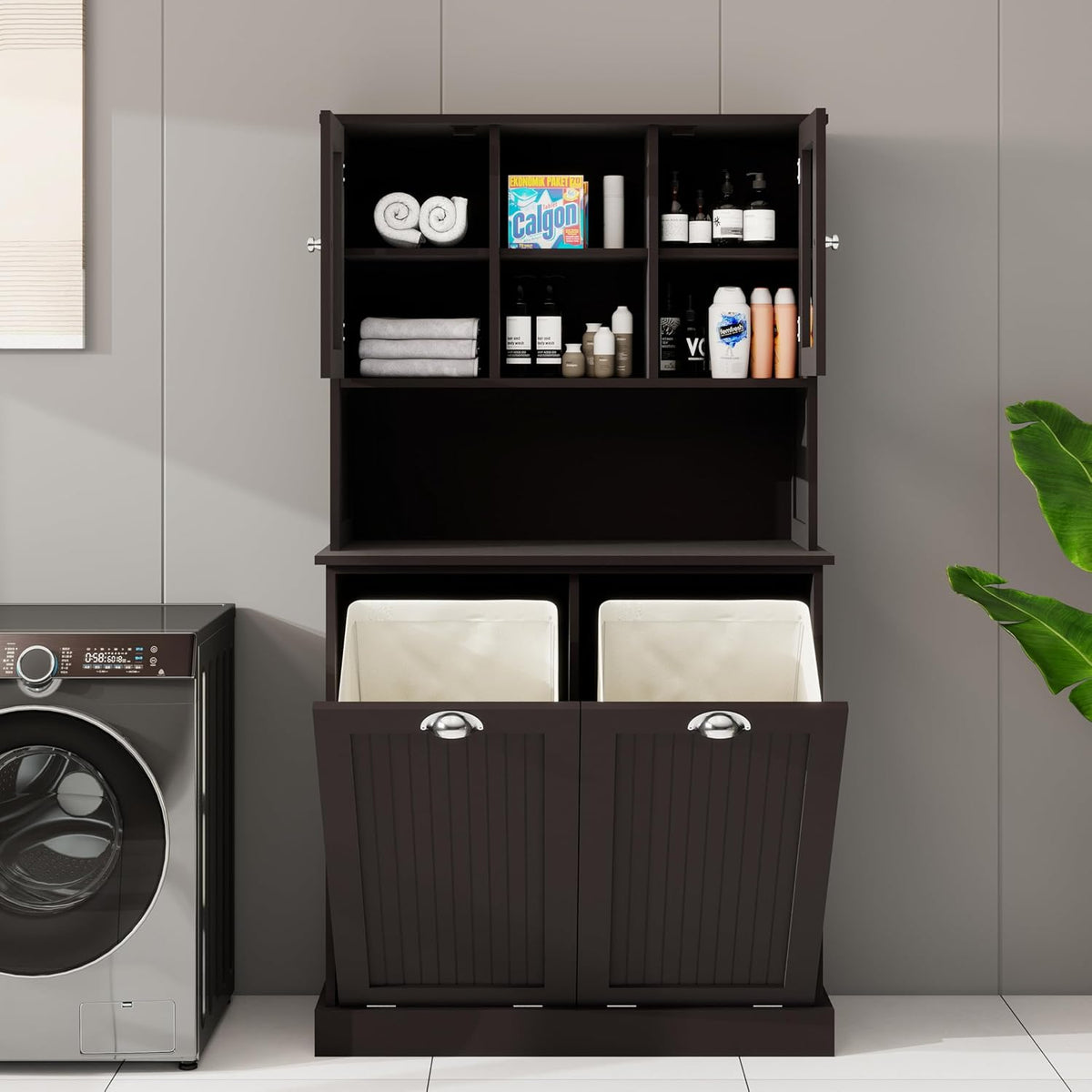 Laundry Hampers 2-Compartment Tilt-Out Laundry Basket Cabinet – Tall Bathroom & Laundry Storage w/ 2 Adjustable Shelves, Space-Saving Durable MDF Organizer for Home, Apartment (Black)