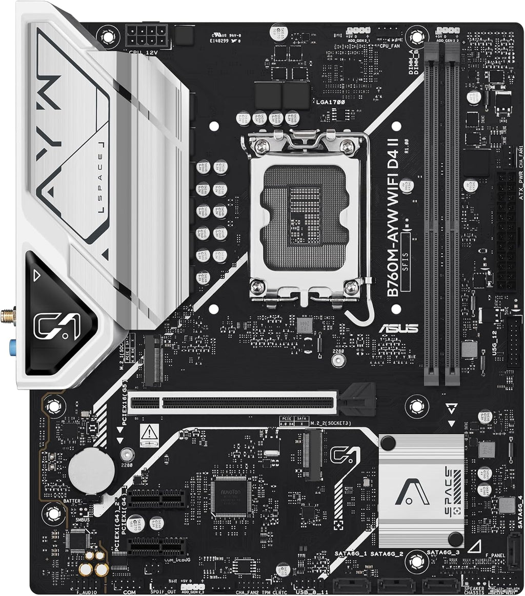 ASUS B760M-AYW WiFi D4 II Intel® B760 (LGA 1700) microATX mATX Motherboard, PCIe 5.0 x16 Support, Two M.2 Slots, DDR4, Realtek 2.5Gb Ethernet, Wi-Fi 6, HDMI, SATA 6 Gbps, Front USB 5Gbps, Aura Sync