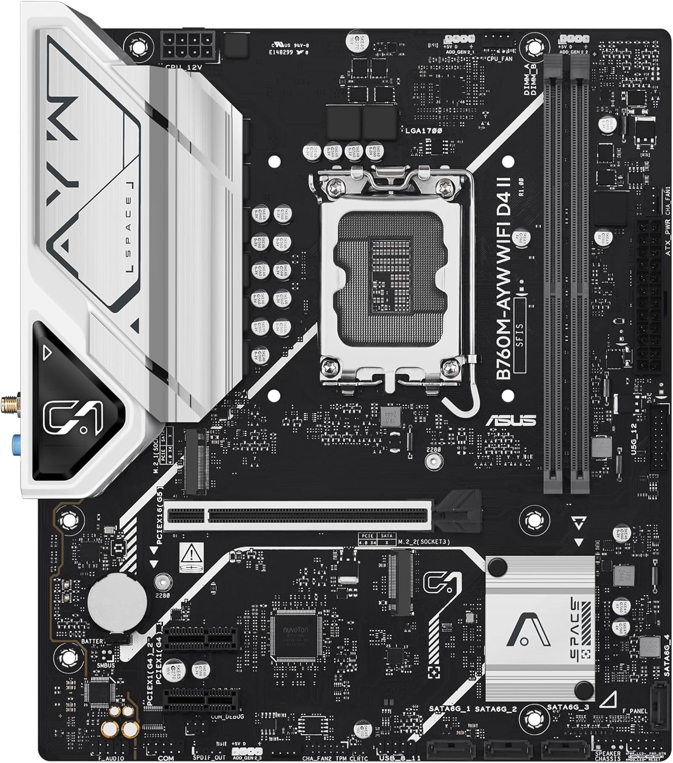 ASUS B760M-AYW WiFi D4 II Intel® B760 (LGA 1700) microATX mATX Motherboard, PCIe 5.0 x16 Support, Two M.2 Slots, DDR4, Realtek 2.5Gb Ethernet, Wi-Fi 6, HDMI, SATA 6 Gbps, Front USB 5Gbps, Aura Sync