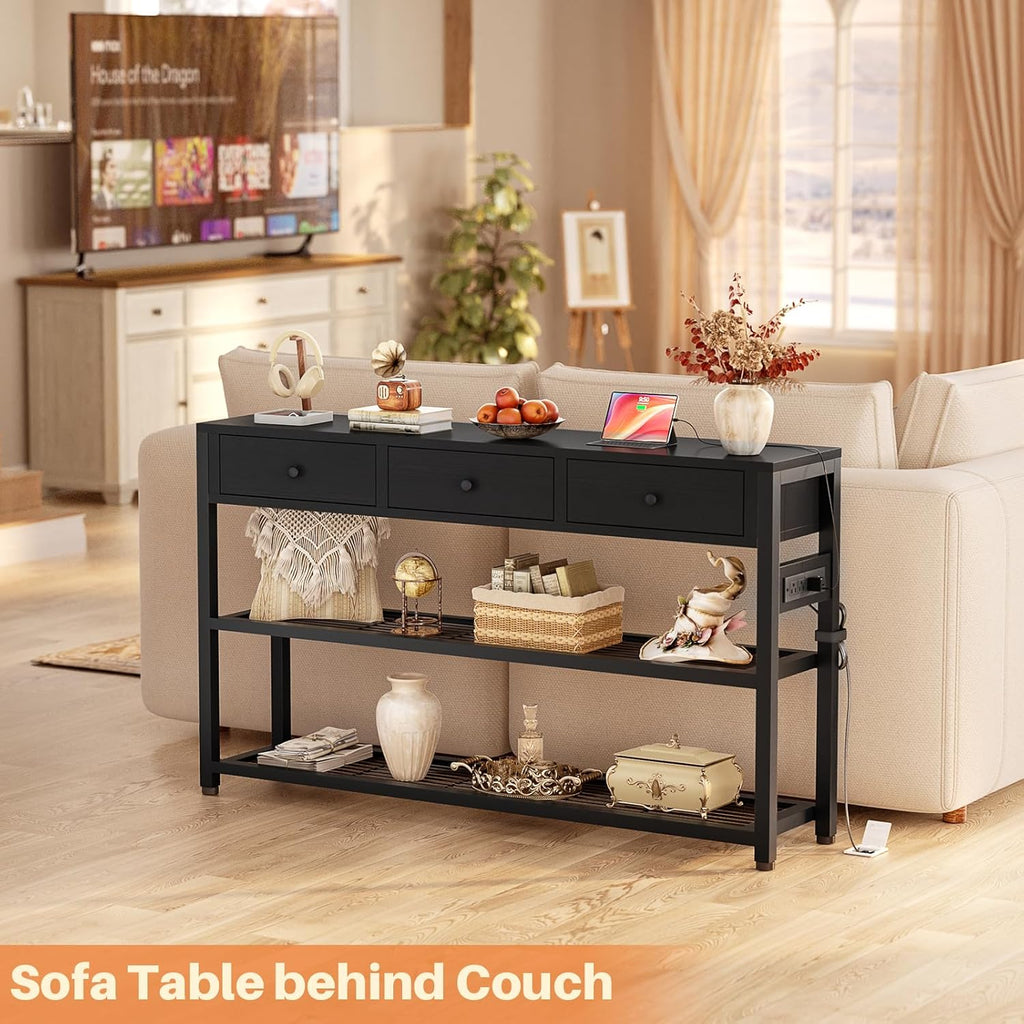 Ecopriso 47'' Entryway Table with Outlets and USB Ports, Console Table with 3 Drawers, Sofa Table Narrow Long with Storage Shelves for Living Room, Couch, Hallway, Foyer, Kitchen Counter, Black