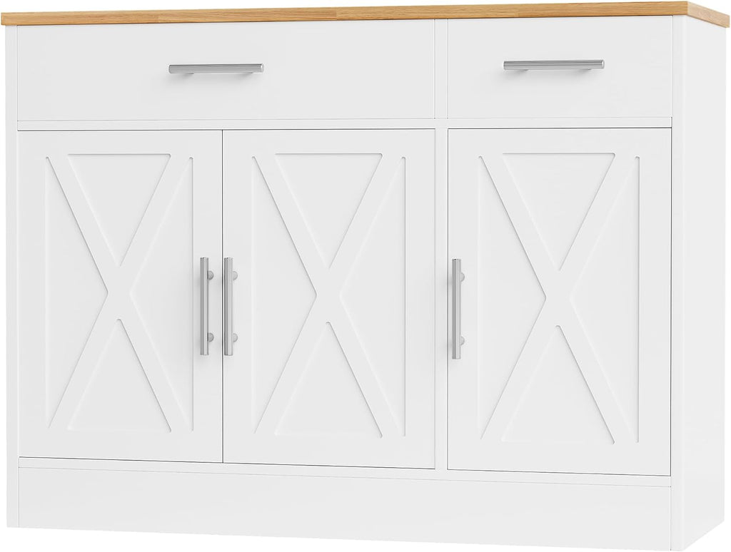 Shintenchi Modern Farmhouse Sideboard Buffet Cabinet with Storage with 3 Doors,42" Barn Doors Buffet Cabinet with Storage, Wood Coffee Bar Cabinets with Adjustable Shelf for Kitchen Living Room,White