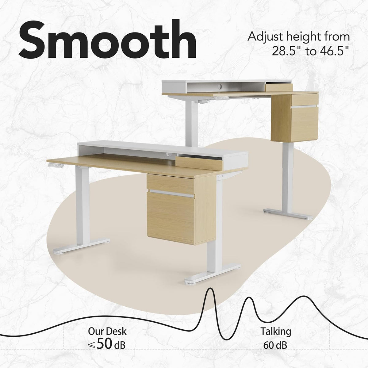 HUANUO Electric Standing Desk with File Cabinet, 47 Inch Height Adjustable Desk with Storage Drawers, Ergonomic Stand Up Table Compatible with Monitor Stand, Light Walnut