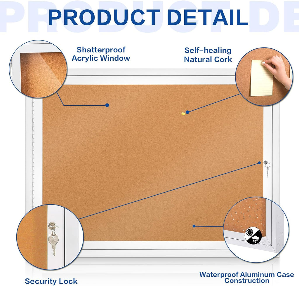SWANCROWN Outdoor Enclosed Cork Bulletin Board Weatherproof Display Cases Tamperproof Notice Poster Memo Board with Aluminum Frame, 37x28 inches