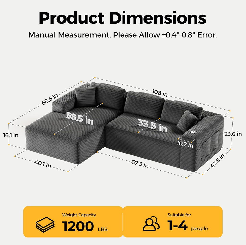 CAMMOO 108” Cloud Sectional Couch in One Box, Compressed Modular Sectional Sofa with Deep Seat, Corduroy Boneless Couches, L-Shaped Sofa for Living Room, 4 Storage Pockets(Left Facing Chaise, Grey)