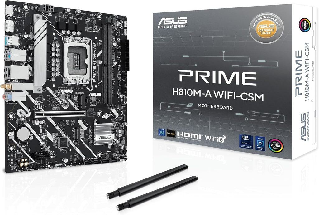 ASUS Prime H810M-A WiFi-CSM Intel® H810 LGA 1851 mATX Motherboard, 6+1+1+1 Discrete MOS, DDR5, PCIe 4.0, 2X M.2, Intel® 1Gb Ethernet, Wi-Fi 6, DisplayPort, HDMI™, USB 10Gbps, Front USB 5Gbps Type-C®