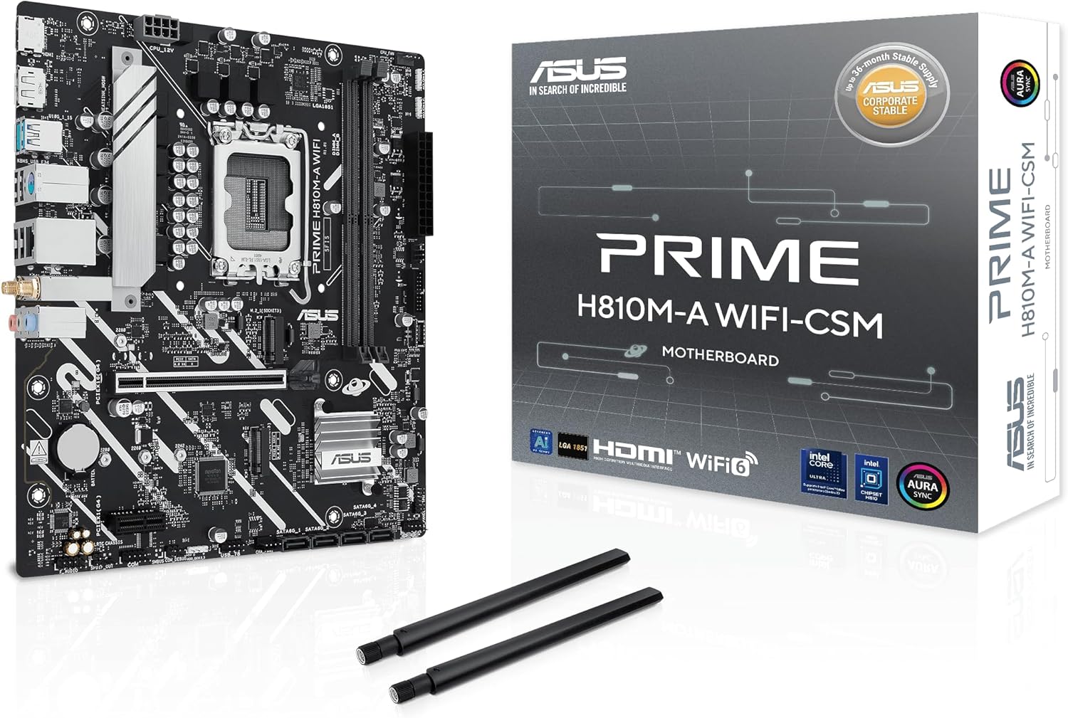 ASUS Prime H810M-A WiFi-CSM Intel® H810 LGA 1851 mATX Motherboard, 6+1+1+1 Discrete MOS, DDR5, PCIe 4.0, 2X M.2, Intel® 1Gb Ethernet, Wi-Fi 6, DisplayPort, HDMI™, USB 10Gbps, Front USB 5Gbps Type-C®