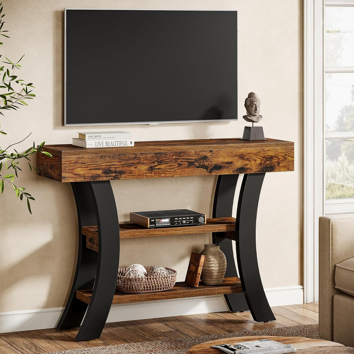 Tribesigns 41" Small Console Table for Entryway, 3-Tier Narrow Rustic Sofa Table with Storage Shelves and Curved Frame for Living Room, Entry, Hallway, Foyer, Rustic Brown