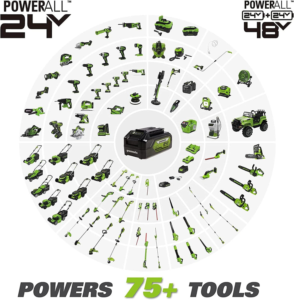 Greenworks 48V (2 x 24V) 17" Brushless Cordless Lawn Mower + 24V Drill / Driver, (2) 4.0Ah USB Batteries (USB Hub) and Dual Port Rapid Charger Included