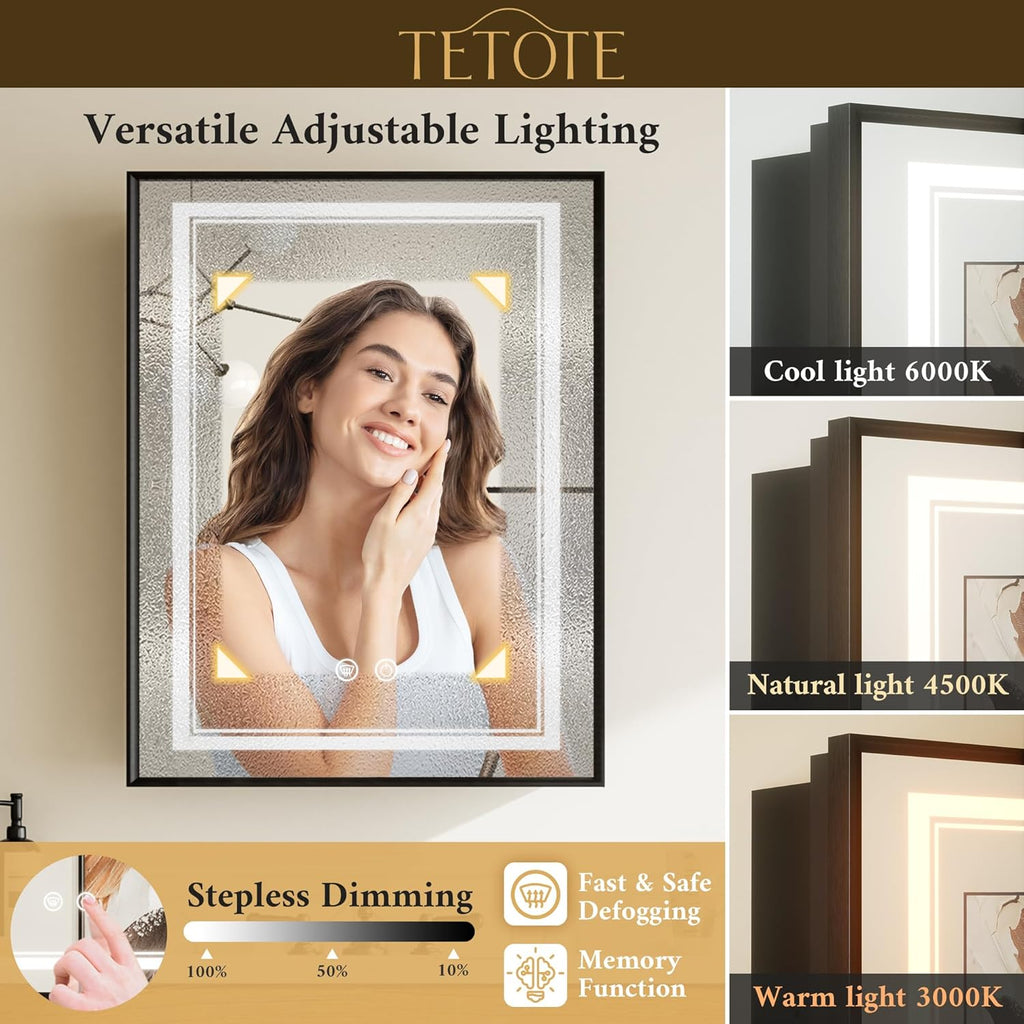 TETOTE Black Led Bathroom Medicine Cabinet with Mirror 20 x 26 Recessed or Surface Mount Metal Framed Lighted Medicine Cabinet, Tempered Glass, 3 Color Dimming, Anti-Fog, 2 Outlets, Adjustable Shelf