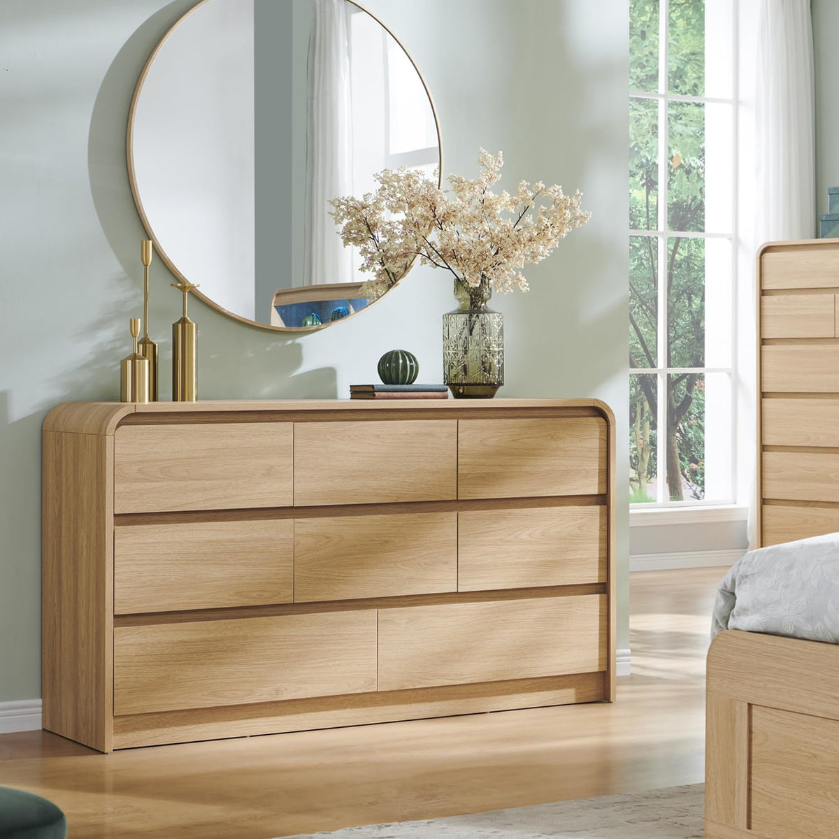 Aitjunz Modern 8 Drawers Dresser for Bedroom, 55" Wide Dressers & Chest of Drawers w/Curved Profile Design, Wood Mid Century Storage Dressers Organizer for Bedroom, Living Room, Natural Oak