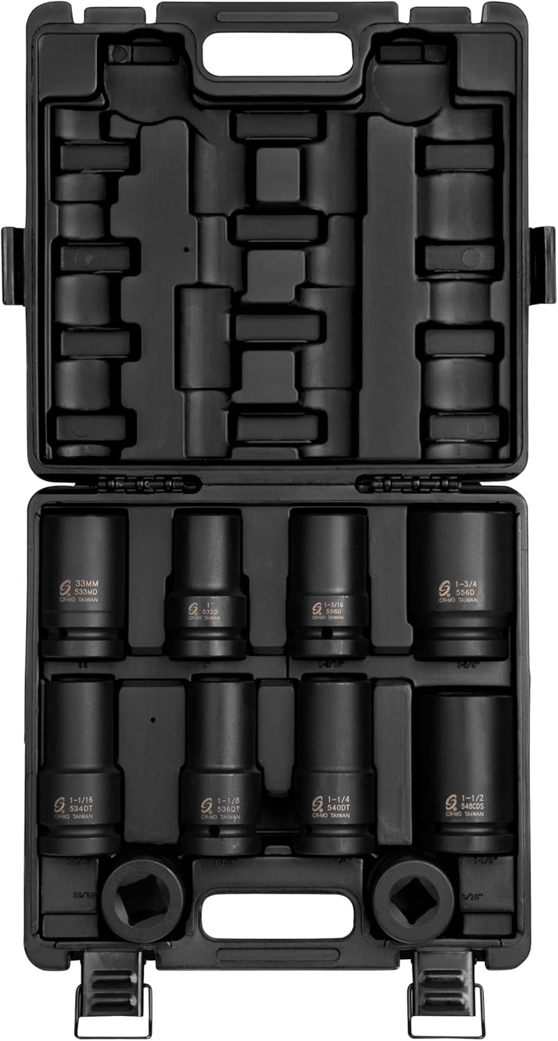 Sunex 5690A, 1 Inch Drive Heavy Duty Wheel Impact Socket Set, 10-Piece, SAE/Metric, Deep/Deep Thin Wall/Square/Controlled Depth, Cr-Mo Steel, Storage Case, Black