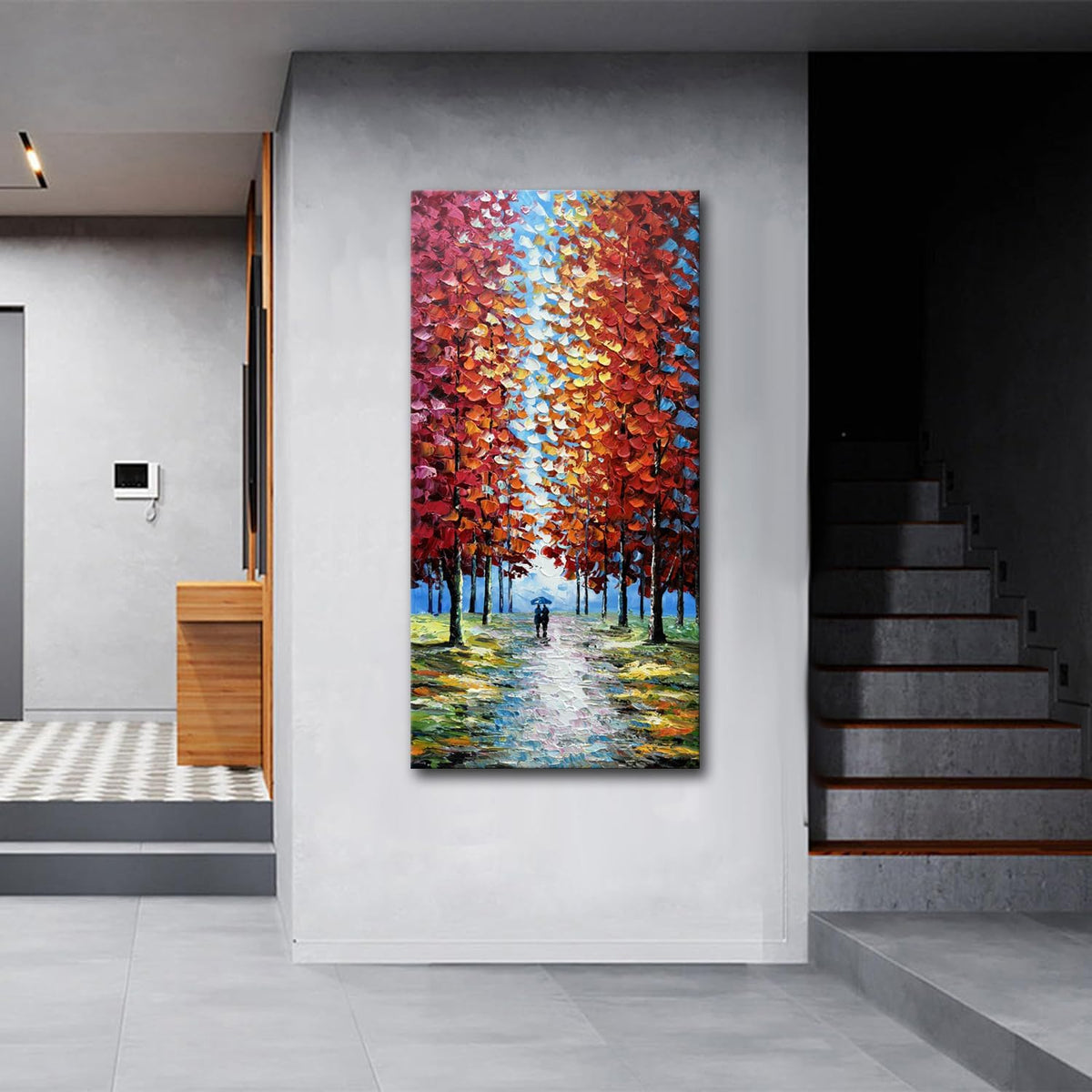 Alenoss Hand Painted 3D Abstract Oil Paintings on Canvas 24x48 Inches Large Modern Forest Landscape Vertical Red Canvas Wall Art Framed Artwork for Living room Bedroom Tree Art Decor
