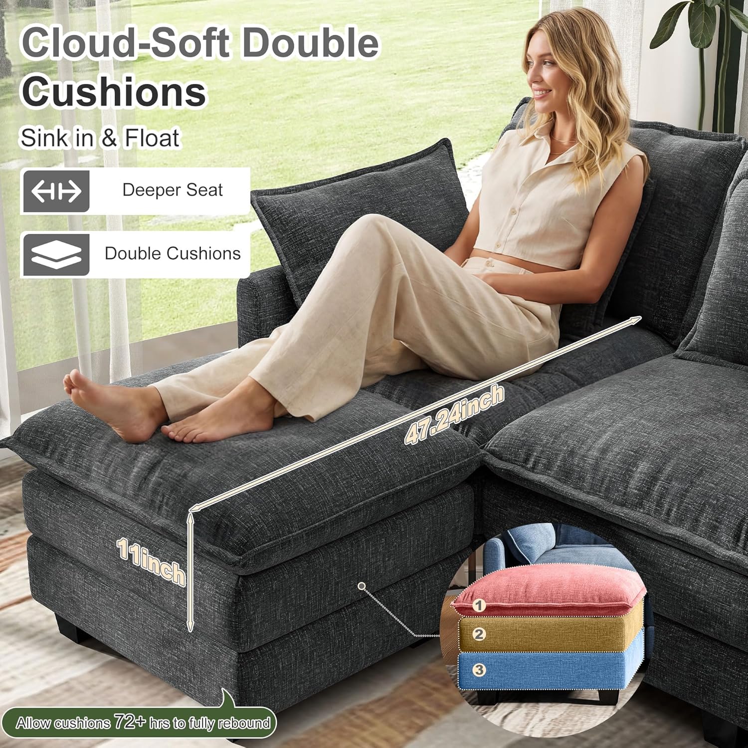 107" Cloud Couch Sectional, U Shaped Modular Sectional Sofa, 4-Seat Deep Seat Couch with 6 Removable Washable Pillows and 2 Ottoman for Living Room, Bedroom, Apartment, Black Grey