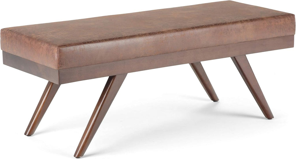 SIMPLIHOME Chanelle Ottoman Bench - 48 inch Wide Upholstered Vegan Leather Rectangle Ottoman in Distressed Umber Brown, Mid Century Modern Bench for Bedroom with Flared Tapered Legs, Assembled