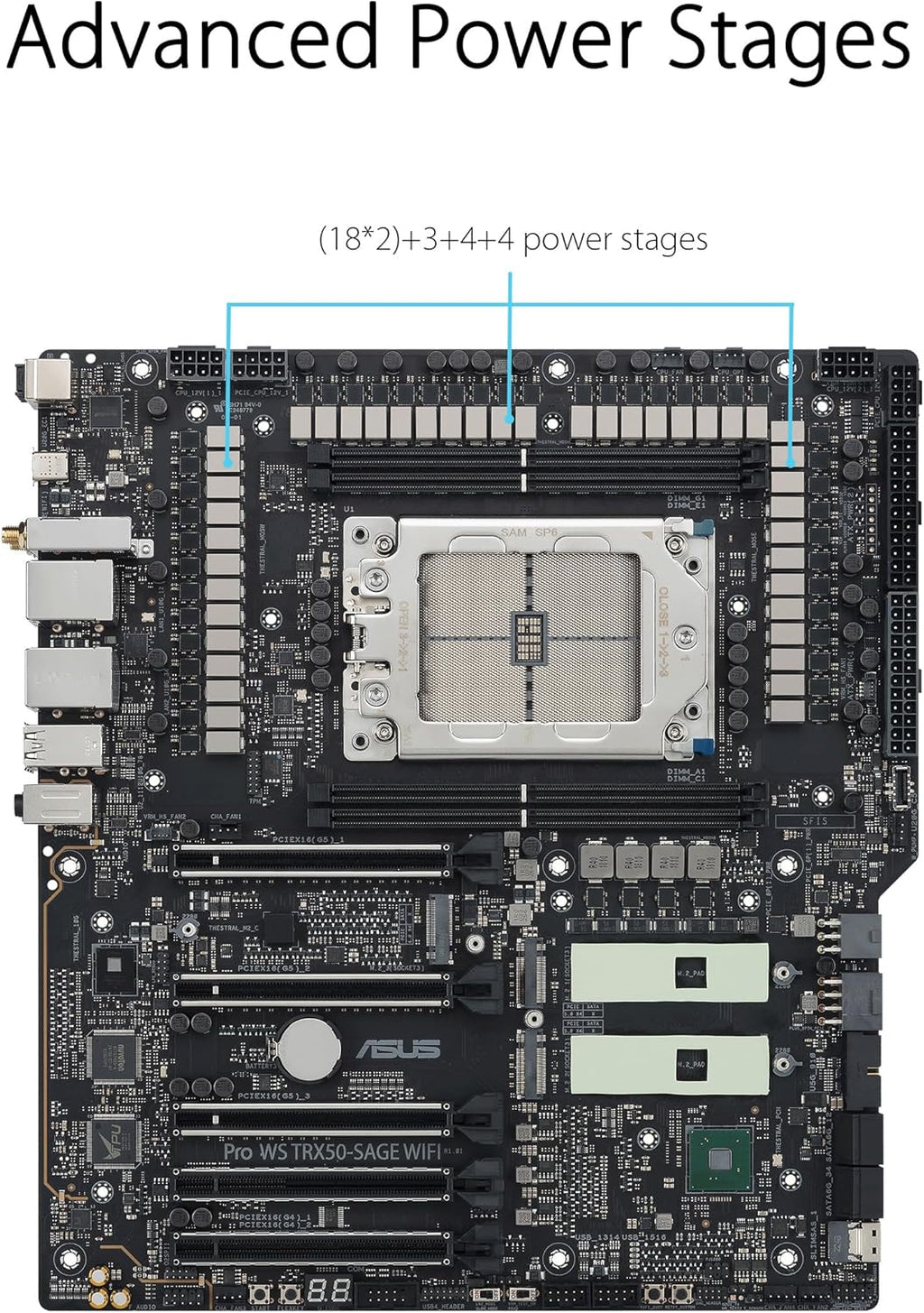 ASUS Pro WS TRX50-SAGE WIFI CEB Workstation motherboard, AMD Ryzen Threadripper PRO 7000 WX,ECC R-DIMM DDR5, 36 power-stage, WiFi 7,PCIe 5.0 x 16,PCIe 5.0 M.2, 10 Gb and 2.5 Gb LAN, multi-GPU support.
