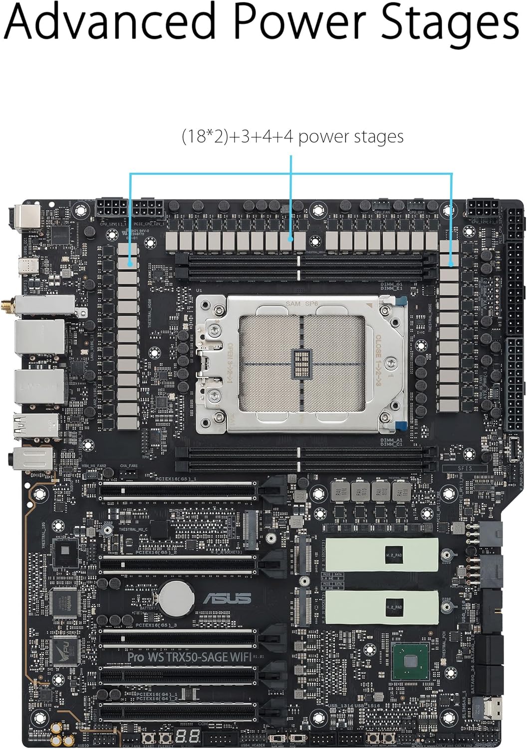 ASUS Pro WS TRX50-SAGE WIFI CEB Workstation motherboard, AMD Ryzen Threadripper PRO 7000 WX,ECC R-DIMM DDR5, 36 power-stage, WiFi 7,PCIe 5.0 x 16,PCIe 5.0 M.2, 10 Gb and 2.5 Gb LAN, multi-GPU support.