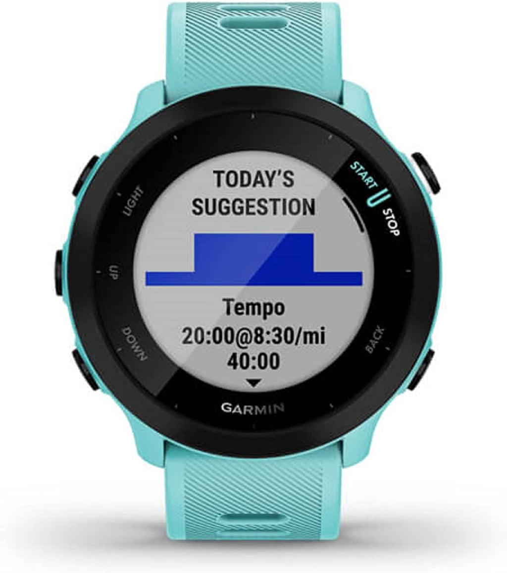 Garmin Forerunner 55, GPS Running Watch with Daily Suggested Workouts, Up to 2 weeks of Battery Life, Aqua One Size (Renewed)
