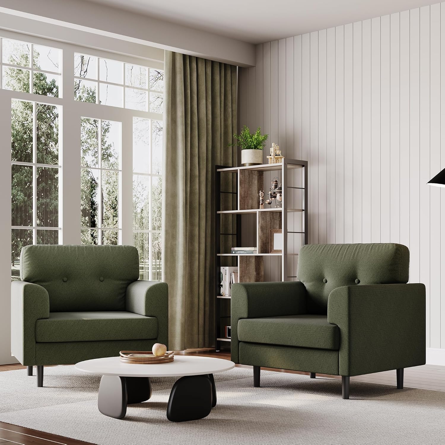 Garvee 38" Wide Sage Green Accent Chair, Modern Linen Upholstered Armchair with High-Density Foam, Comfy Reading & Lounge Chair for Living Room, Bedroom, Home Office & Reading Nook (Earthy Green Tone)