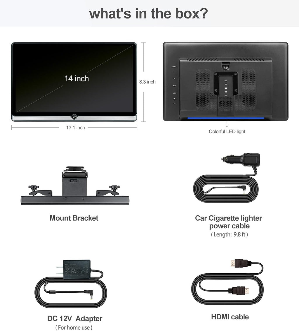14 Inch 4K Android 13 Car TV Headrest Monitor for Cars Back Seat Rear Entertainment System,Support Phone Wireless Mirror Link Touch Screen,with HDMI/WiFi/Bluetooth/USB/Car Video Player (4G+64G(1*PC))