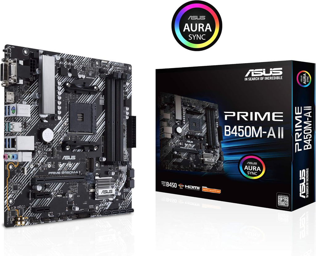 ASUS Prime B450M-A II AMD AM4 (Ryzen 5000, 3rd/2nd/1st Gen Ryzen Micro ATX Motherboard (128GB DDR4, 4400 O.C.), NVMe, HDMI 2.0b/DVI/D-Sub, USB 3.2 Gen 2, BIOS Flashback, and Aura Sync)