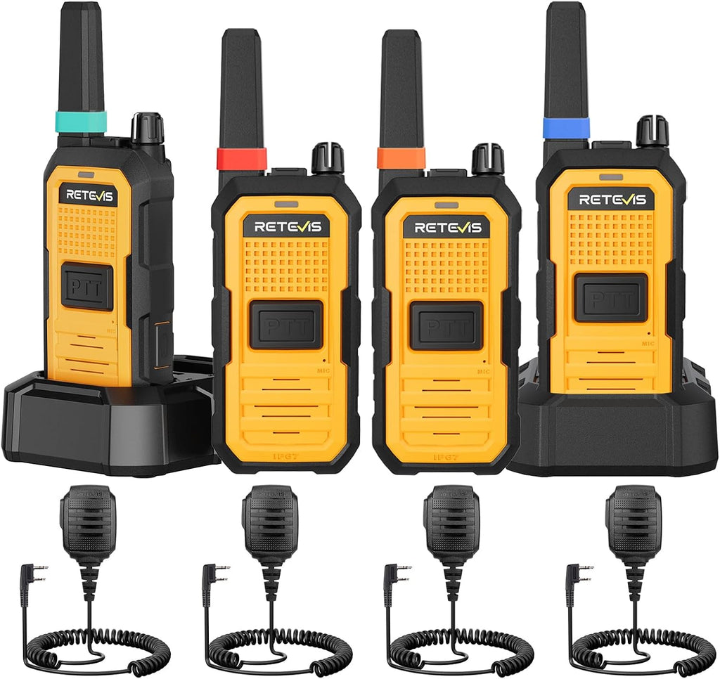 Retevis RB48A Industrial Walkie Talkies with Speaker Mic, IP67 Waterproof Noise Reduction 2 Way Radios Long Range, Oversized Front PTT, Antenna ID Rings, 1000 mW Speaker, 23-Hour Battery(4 Pack)