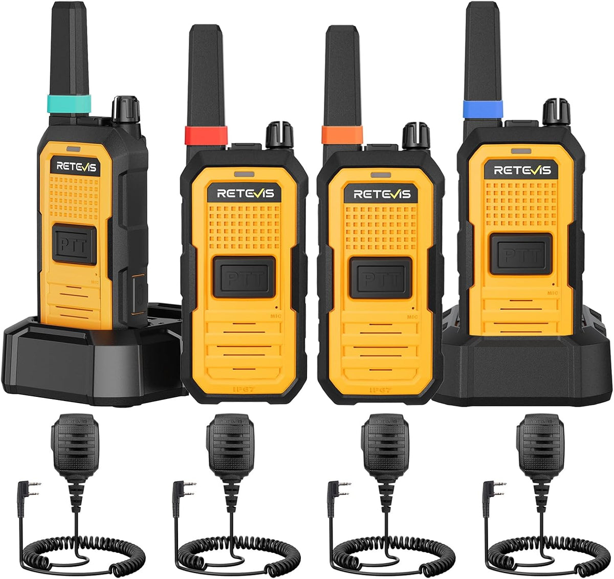 Retevis RB48A Industrial Walkie Talkies with Speaker Mic, IP67 Waterproof Noise Reduction 2 Way Radios Long Range, Oversized Front PTT, Antenna ID Rings, 1000 mW Speaker, 23-Hour Battery(4 Pack)