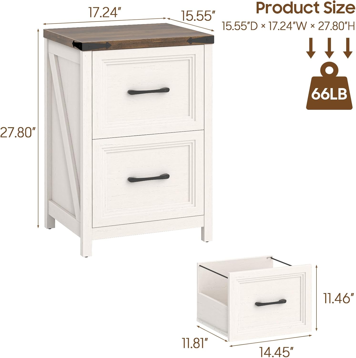 Vabches 2 Drawer Vertical File Cabinet, Wood Farmhouse Filing Cabinet Fits A4/Letter Size, Under Desk Small File Cabinets Printer Stand with Storage for Home Office, White and Brown