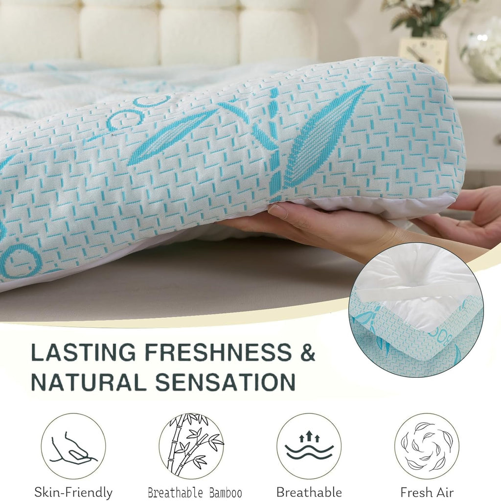 SHOUREN Memory Foam Mattress Topper Queen 4-5 Inch, 2100 GSM Pillow Top, Blue Bamboo-Viscose Cover, Plush Gel Memory Foam & 3D Fiber Fill, Elastic Straps, Machine Washable, 60x80