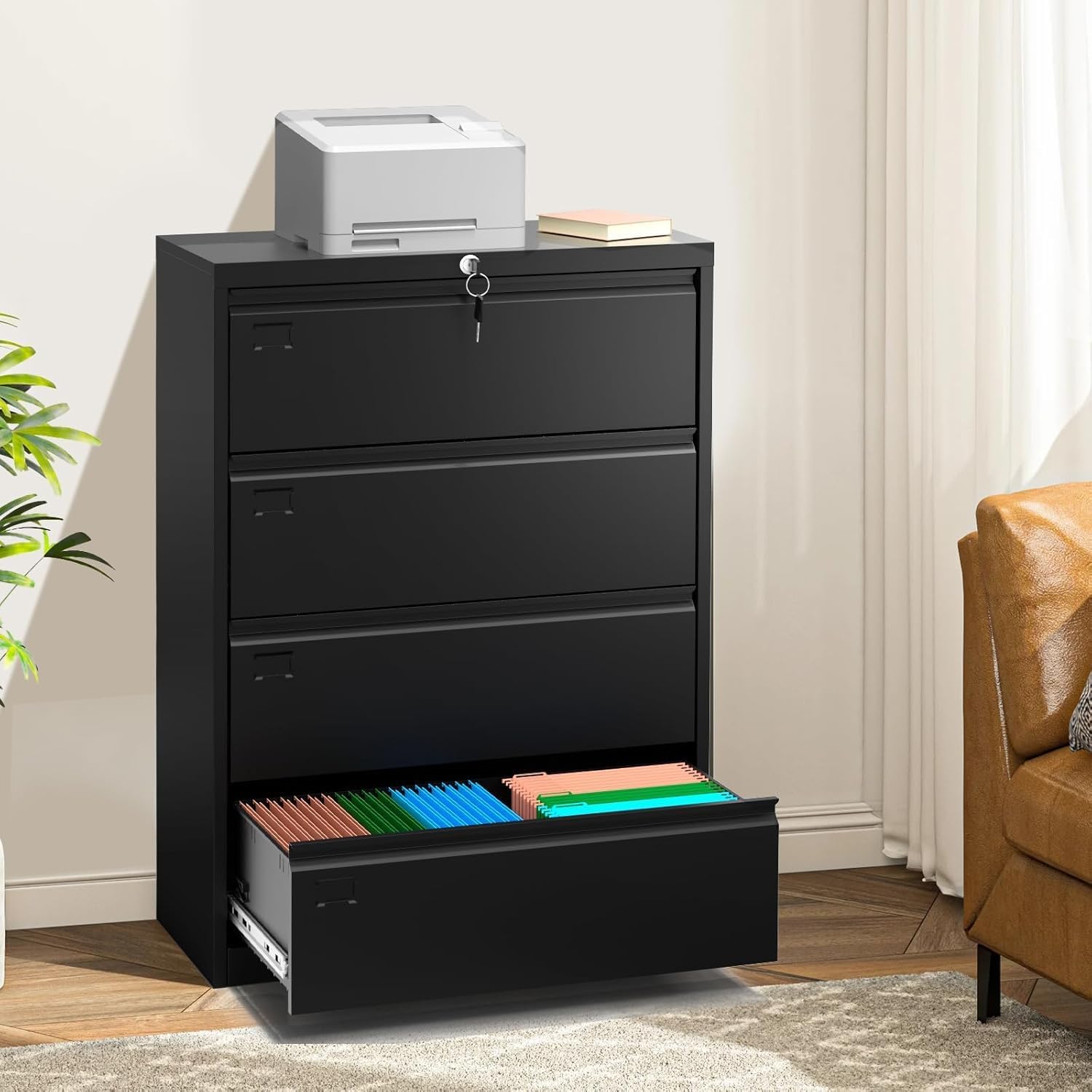 4-Drawer Metal File Cabinet with Lock, Lateral Filing Cabinet for Letter/Legal/A4 Size Documents, Heavy Duty Lockable File Storage Cabinet for Home Office