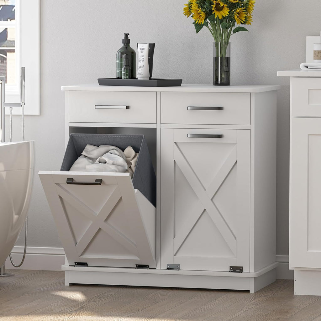 White Double Tilt Out Laundry Hamper Cabinet Laundry Basket Cabinet Hidden Laundry Hamper with 2 Drawers & 2 Baskets for Bathroom,30x30x16in（Barn Door Panel）