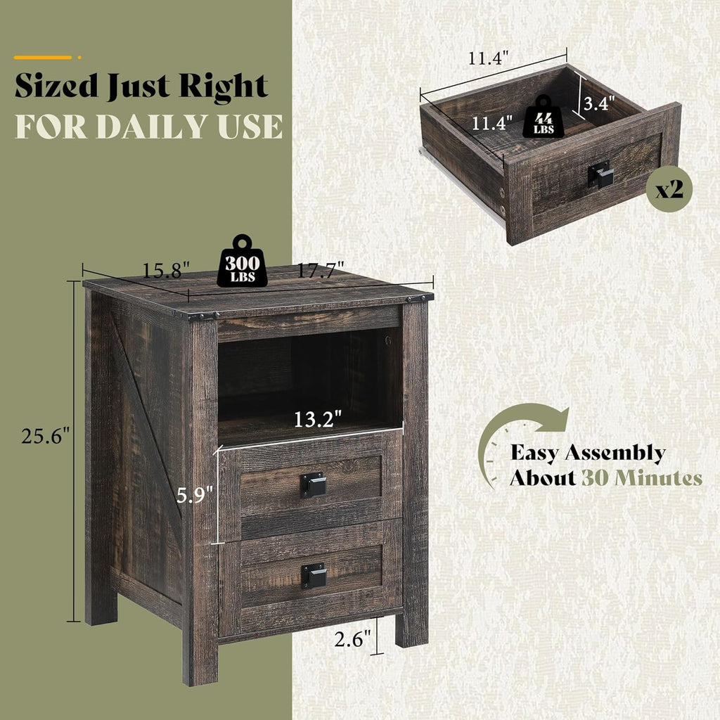 AMERLIFE Farmhouse Nightstand Set of 2, Wooden Side Table with Drawers & Open Shelf, Narrow/Small Bedside End Table, Wood Night Stand for Bedroom/Dorm/Home Office, Rustic Black Oak