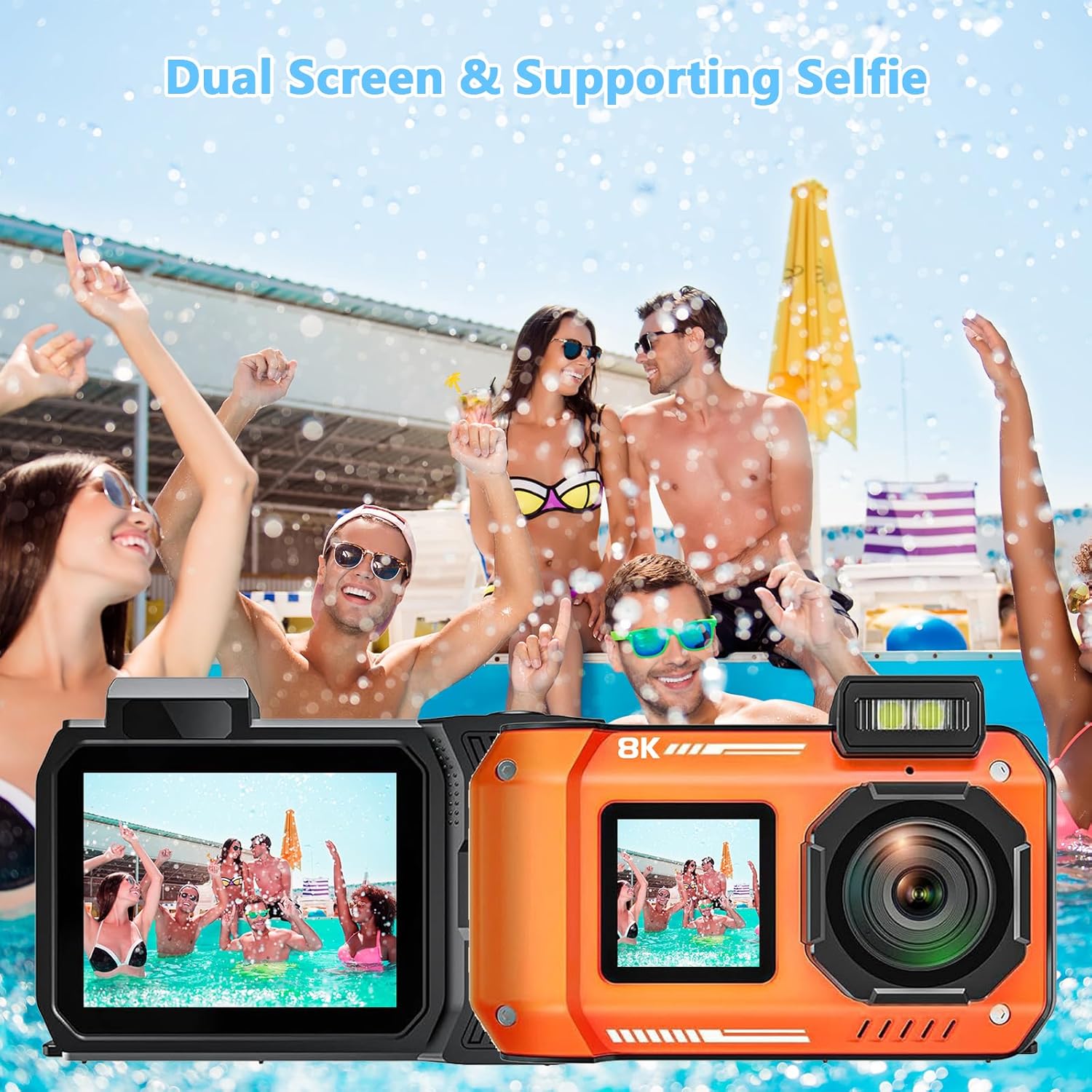 8K Underwater Camera 33FT Waterproof Camera with 64GB Card 70MP 18X Zoom Waterproof Digital Camera Auto Focus Dual-Screen Selfie 2500mAh Battery Dustproof Shockproof