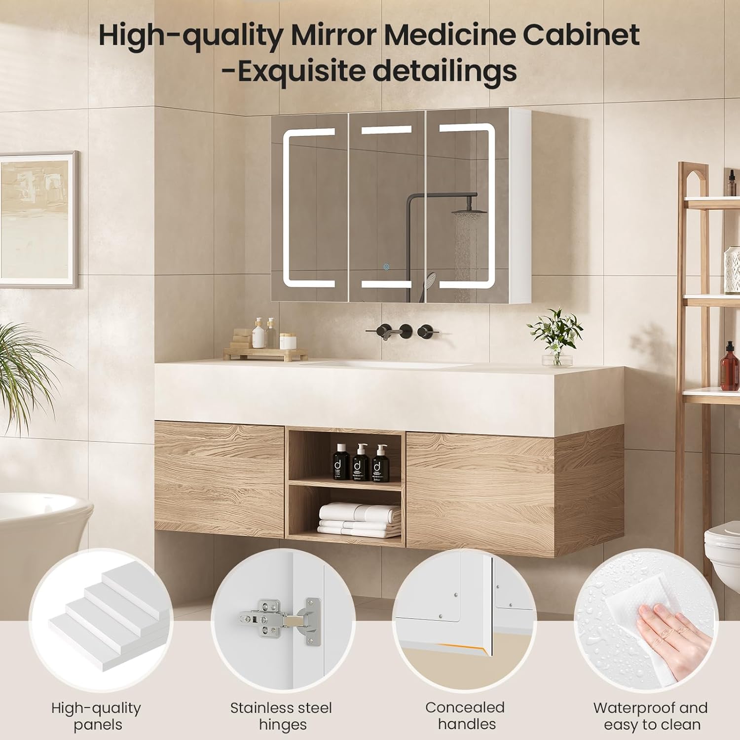 Hasuit Medicine Cabinet Organizer with Mirror, Lighted Bathroom Medicine Cabinet with Storage, 3 Doors Bathroom Wall Cabinet with LED Lights, Adjustable Shelves & Outlets, 31.5'' x 23.6'', White