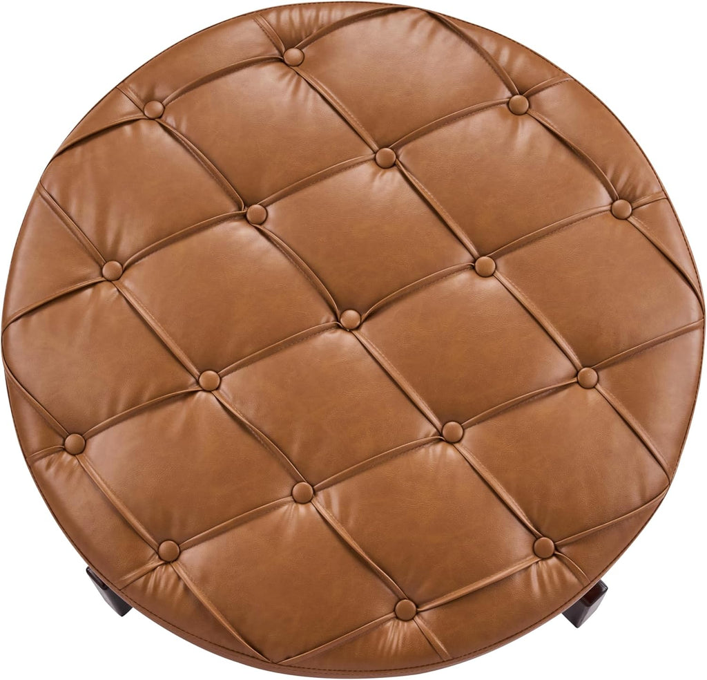Christopher Knight Home 32" Round Storage Ottoman with Reversible Wooden Lid, Faux Leather Tufted Coffee Table, 2-in-1 Storage Ottoman, Hidden Storage Compartment, Solid Rubber Wood Base, Brown