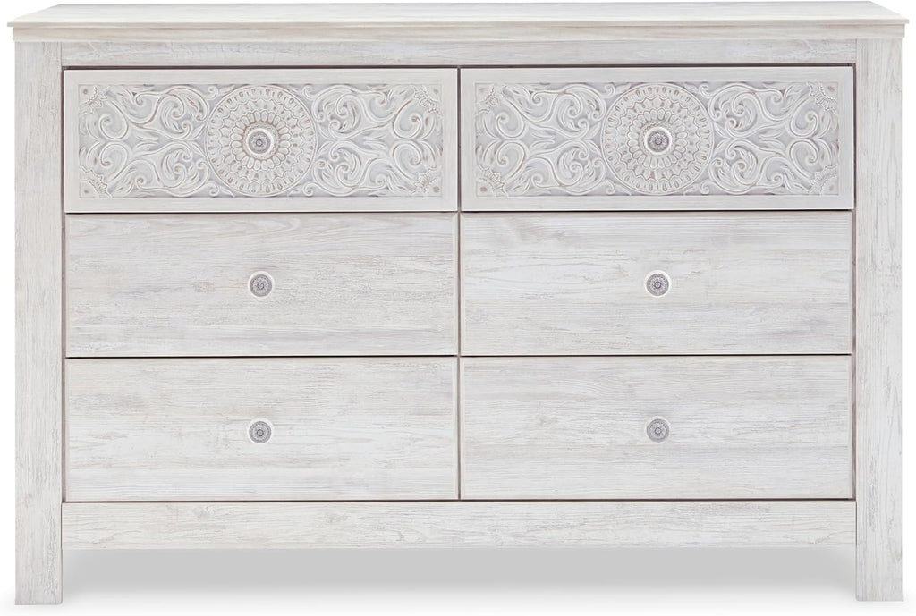 Signature Design by Ashley Paxberry Boho 6 Drawer Dresser, Smooth-gliding Faux Laminate Lined Drawers, Wood, 61.26" W x 15.83" D x 40" H, Whitewash