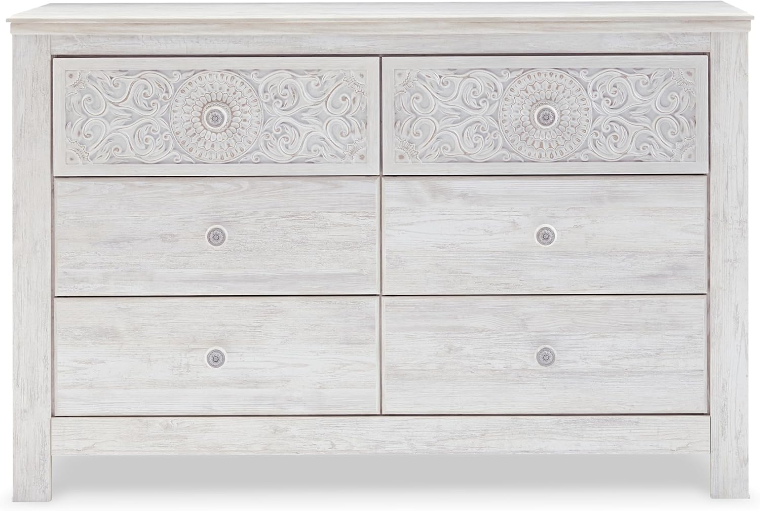 Signature Design by Ashley Paxberry Boho 6 Drawer Dresser, Smooth-gliding Faux Laminate Lined Drawers, Wood, 61.26" W x 15.83" D x 40" H, Whitewash