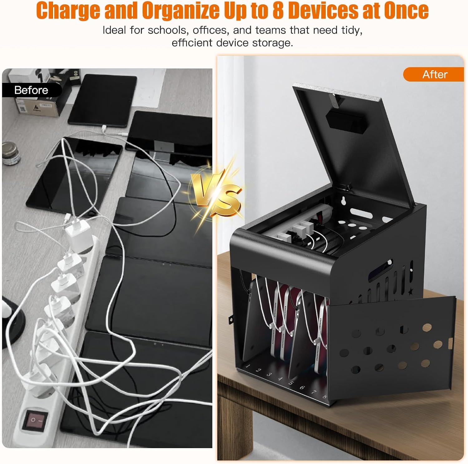 8 Tablet Charging Station Lock Box - Fits 14" Screen, Steel Case & Lockable Door,2 Keys Included - for Chromebook,ipads,Laptop and Tablets - Ideal for Offices, Classrooms and Hospitals(Black)