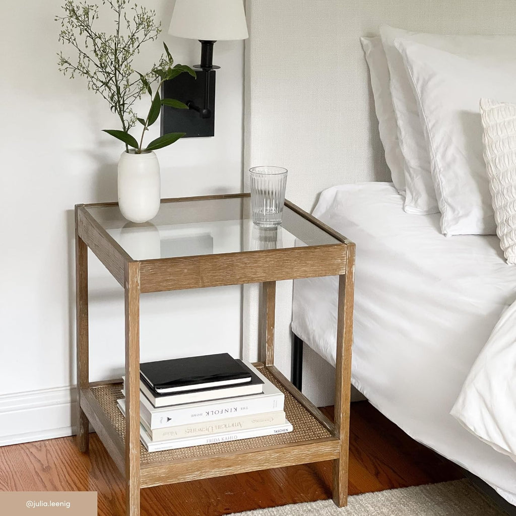 Nathan James 33301 Hayes Solid Wood Nightstand, Bedside, End or Side Table in Light Brown Wood Finish & Glass Top with Open Storage Shelf, 18 in x 18 in x 22 in
