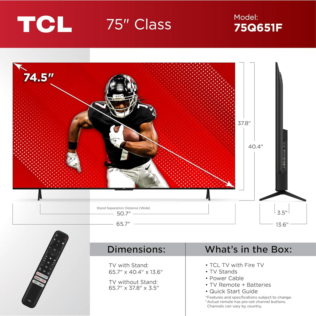 TCL 75-Inch Class Q65 QLED 4K Smart TV with Fire TV (75Q651F, 2024 Model), Dolby Vision and Atmos, HDR PRO+, Alexa Built-in with Voice Remote, Apple AirPlay 2 Compatibility, Streaming Television