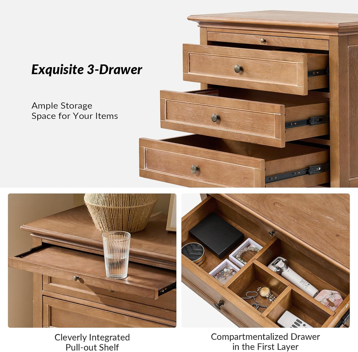 HULALA HOME Farmhouse 3 Drawer End Table with Tray, Drawer Organizer with Solid Wood Legs, End Table with Charging Station（Acorn）