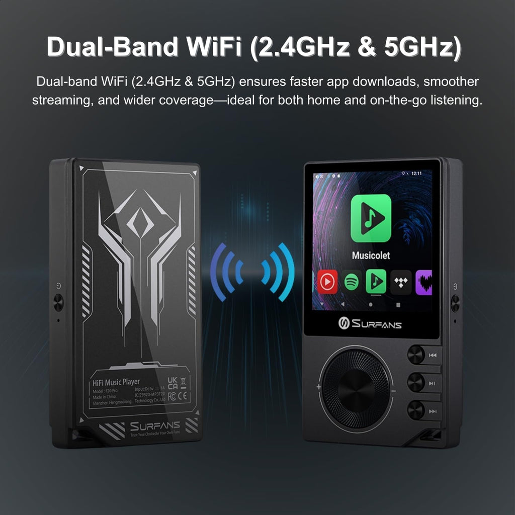 Surfans F20 Pro HiFi Music Player, Dual ESS9018 DAC, DSD512, WiFi & Bluetooth LDAC, Spotify & Tidal Streaming, 4.4mm Balanced 500mW Output, 1TB Expandable Portable DAP(Black)