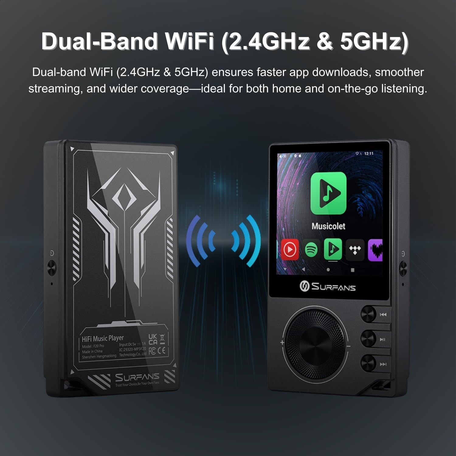 Surfans F20 Pro HiFi Music Player, Dual ESS9018 DAC, DSD512, WiFi & Bluetooth LDAC, Spotify & Tidal Streaming, 4.4mm Balanced 500mW Output, 1TB Expandable Portable DAP(Black)