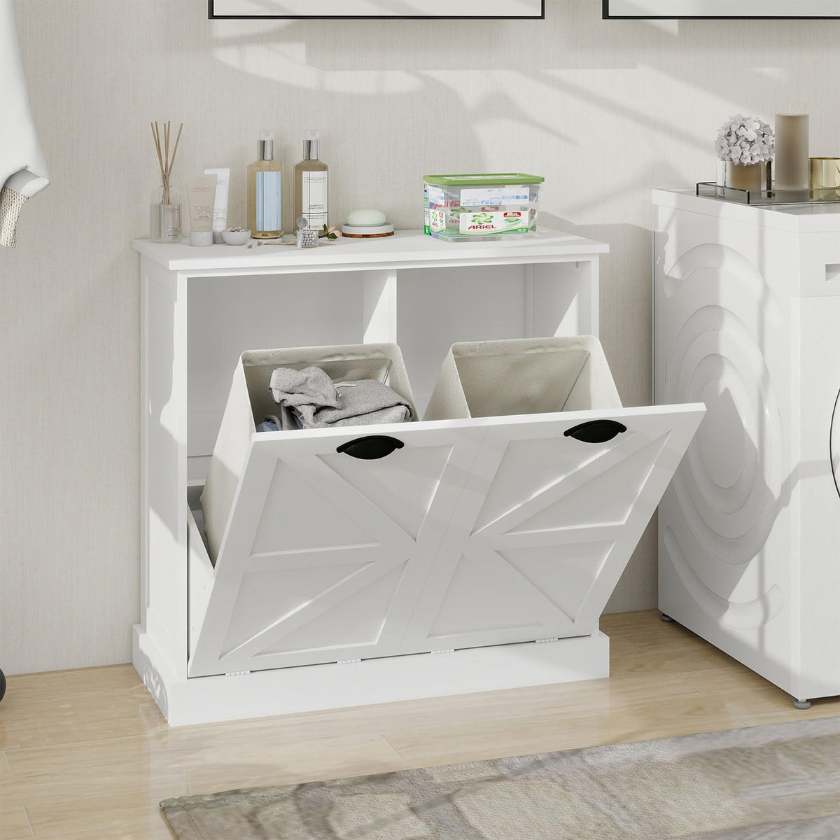 Bathroom Laundry Cabinet with 2 Baskets, Double Tilt Out Laundry Hamper Cabinet with Hidden Laundry Hampers, Freestanding Wooden Storage for Bathroom, Laundry Room, Kitchen