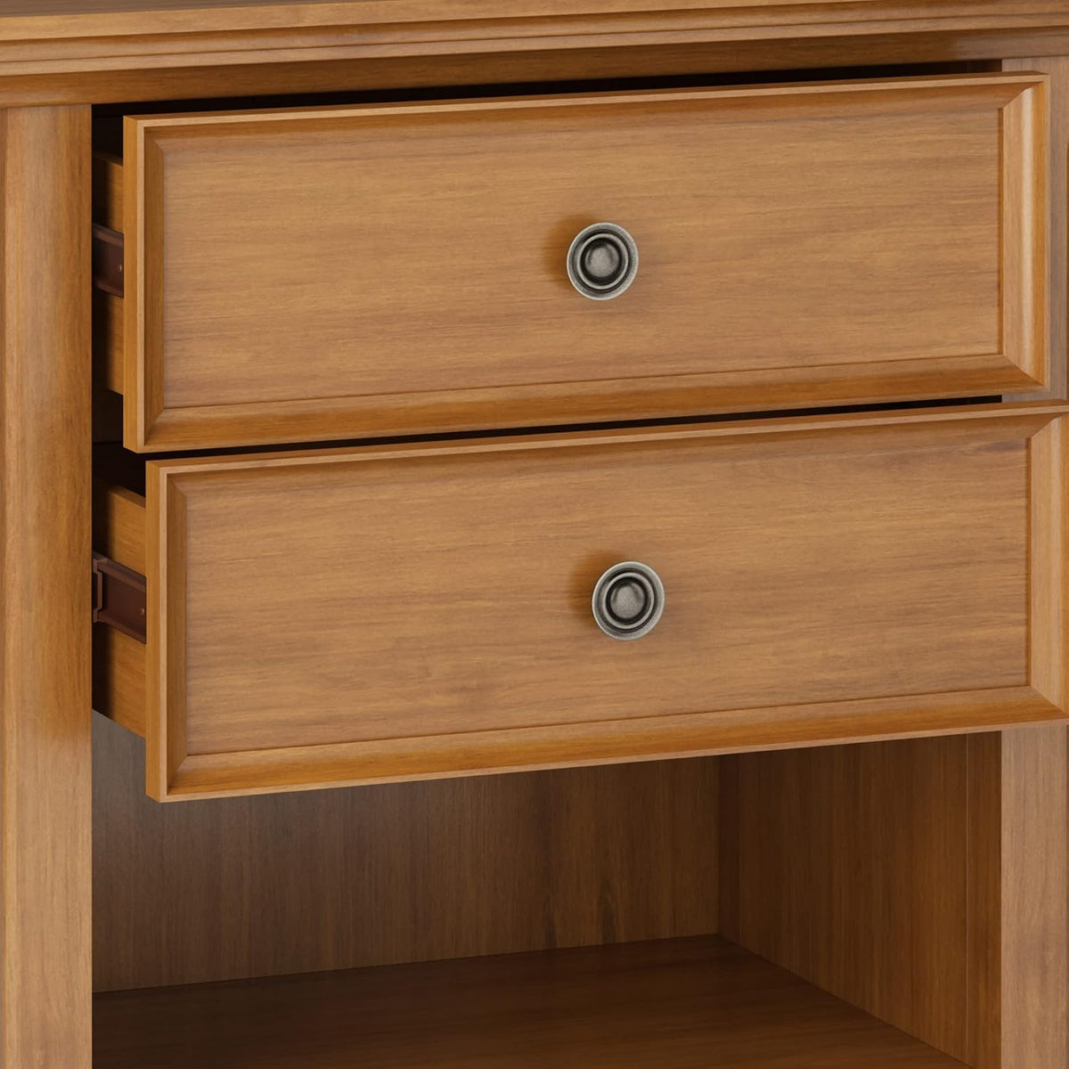 SIMPLIHOME Amherst Bedside Table - 24 inch Wide Solid Wood Nightstand in Light Golden Brown, Transitional Bedroom Side or End Table with 2 Drawers, Open Storage Shelf and Bronze Hardware