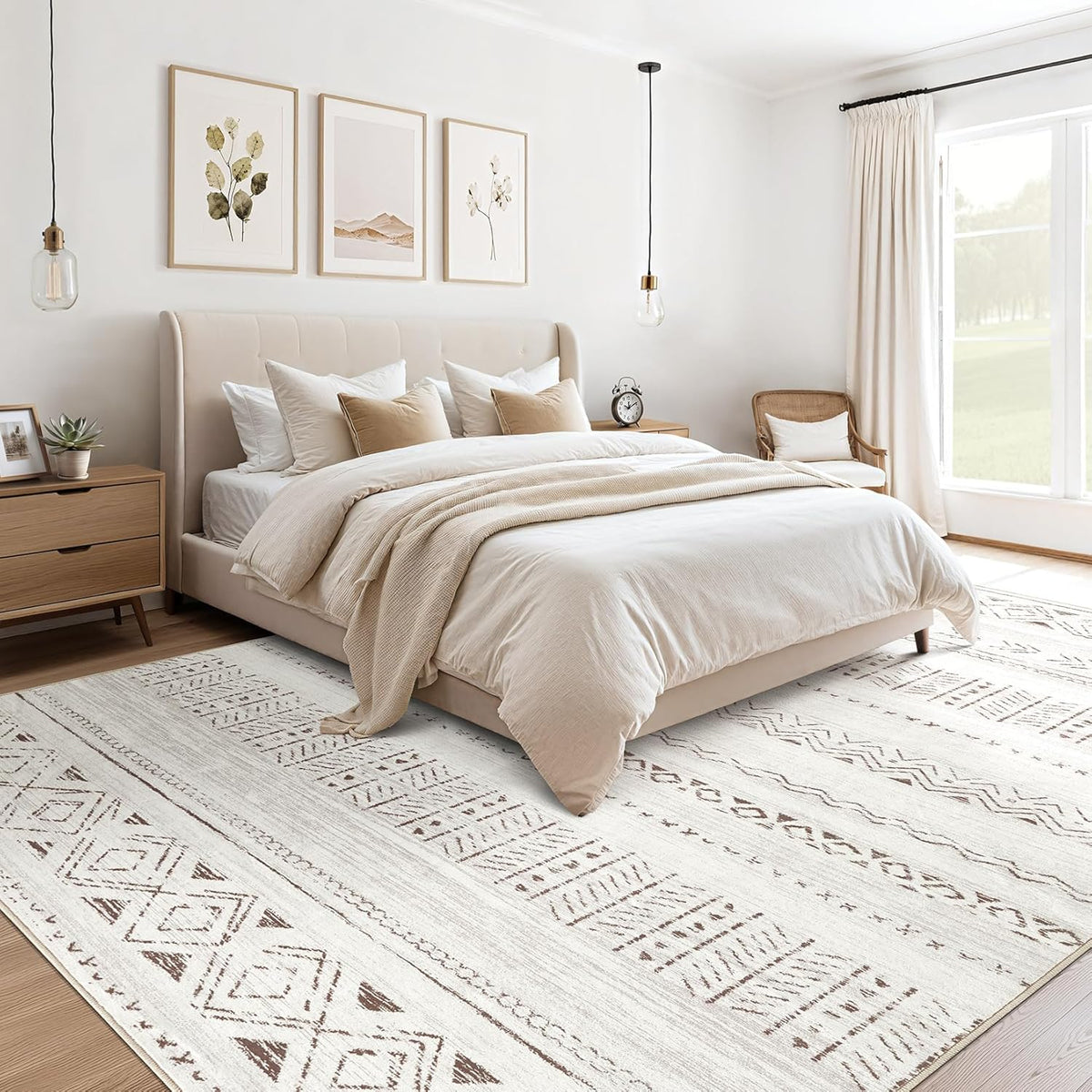 cotiled 9x12 Area Rug Living Room: Washable Boho Rugs with Non Slip Backing Large Soft Indoor Stain Resistant Carpet for Bedroom Farmhouse Dining Room Lightweight Home Decor L Brown/Cream